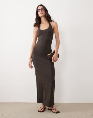 Asos Design Halter Neck Maxi Dress In Brown