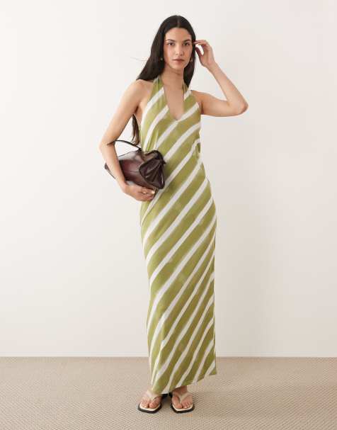 ASOS DESIGN halter neck maxi dress in green and white stripe - view 1