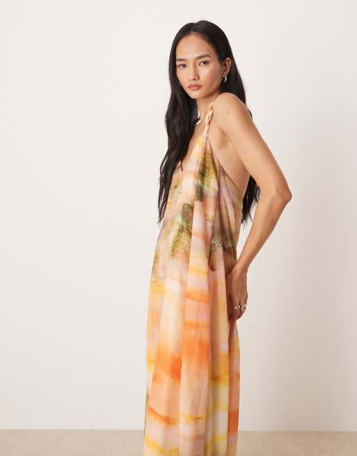 ASOS DESIGN halter neck maxi dress with bead detailing in washed sunset print, 4 of 4