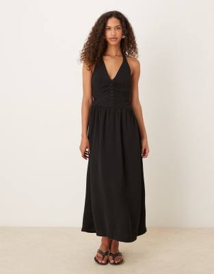Asos Design Halter Neck Maxi Dress With Corset Inspired Bodice In Black