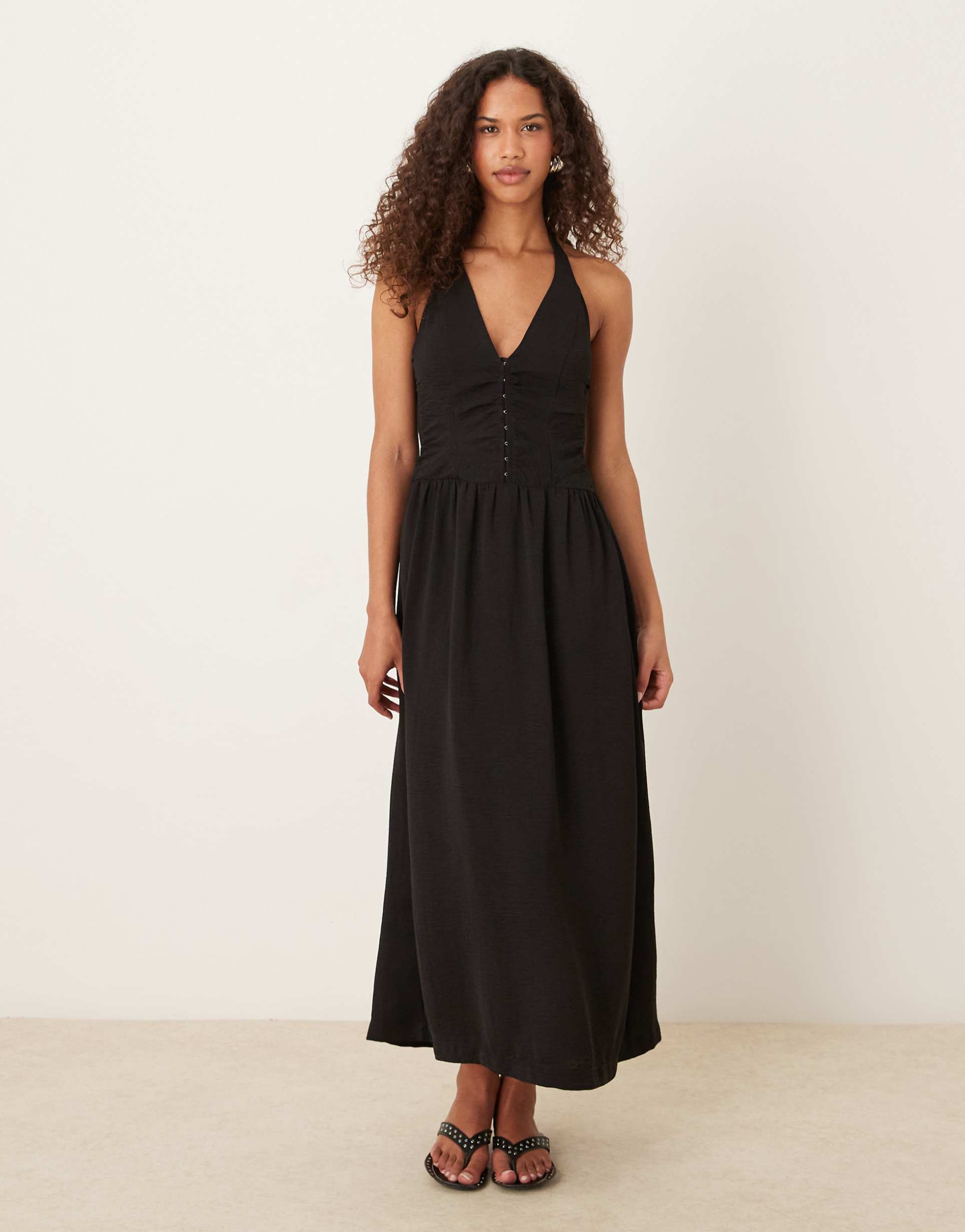 asos design halter neck maxi dress with corset inspired bodice in black