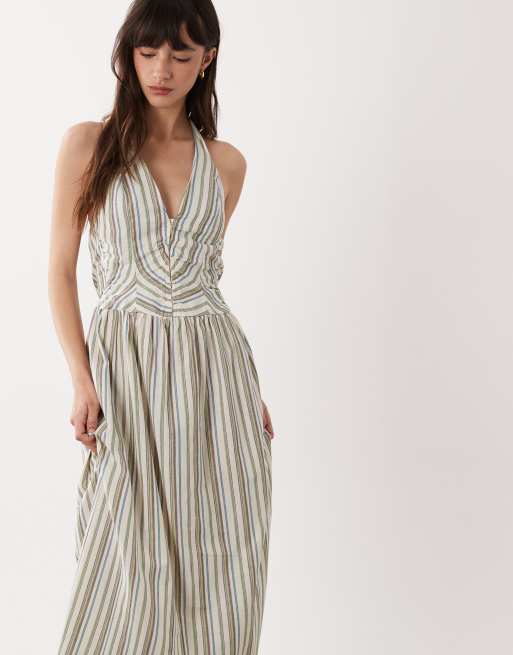 ASOS DESIGN halter neck maxi dress with corset inspired bodice in Stripe, 2 of 4