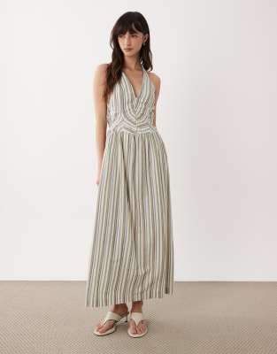 Asos Design Halter Neck Maxi Dress With Corset Inspired Bodice In Gray