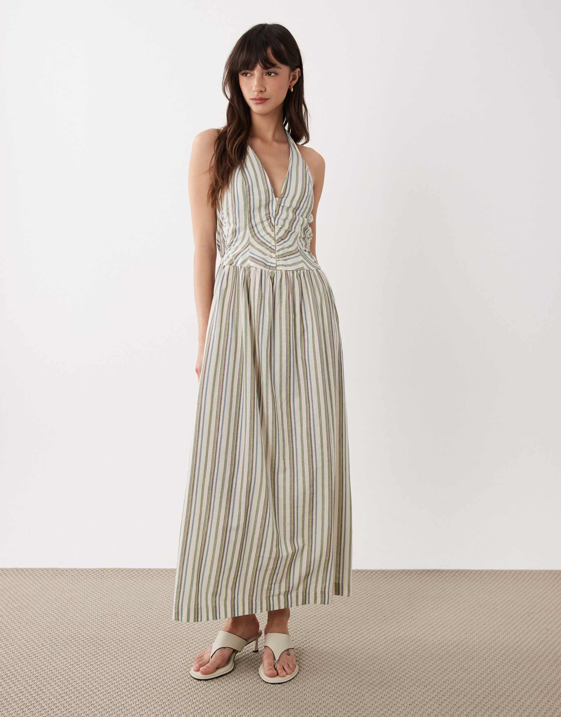 asos design halter neck maxi dress with corset inspired bodice in stripes