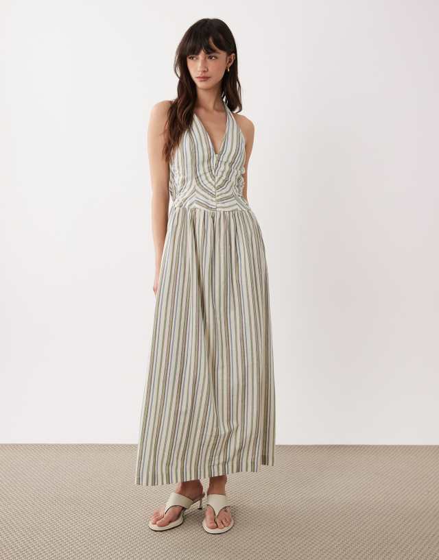 asos design halter maxi dress neck with corset inspired bodice in stripes-Multi Tuck detail halter