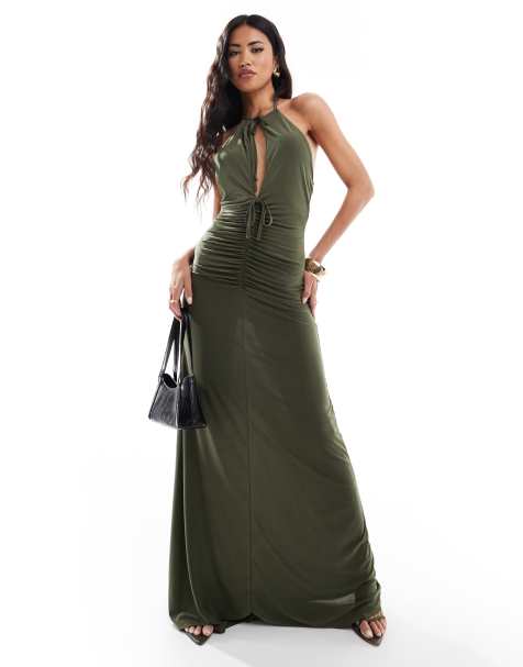 ASOS DESIGN halter neck maxi dress with cut out and ruching in khaki - view 1
