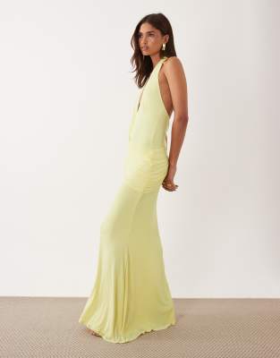 Asos Design Halter Neck Maxi Dress With Draped Sash Detail In Yellow