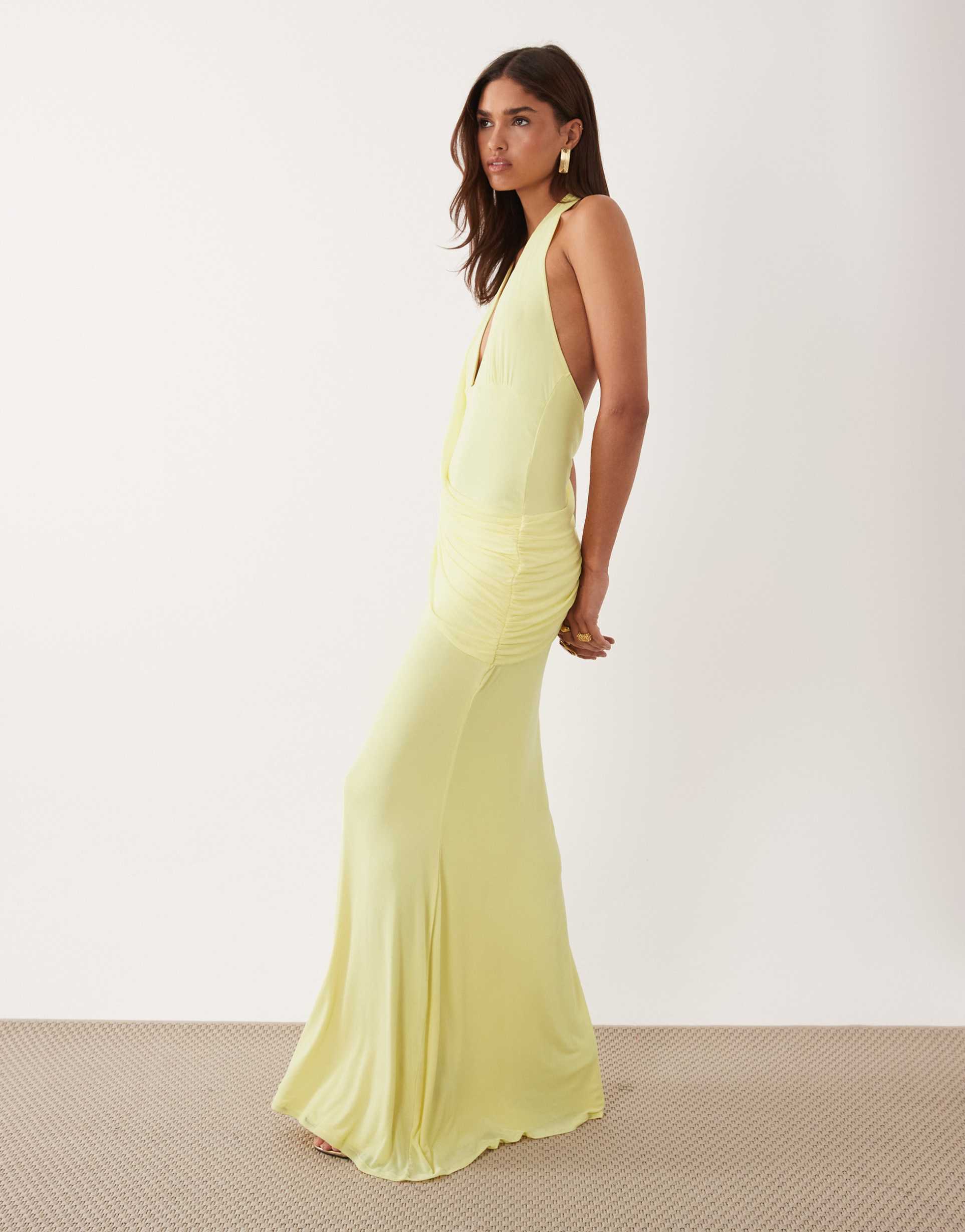 asos design halter neck maxi dress with draped sash detail in lemon