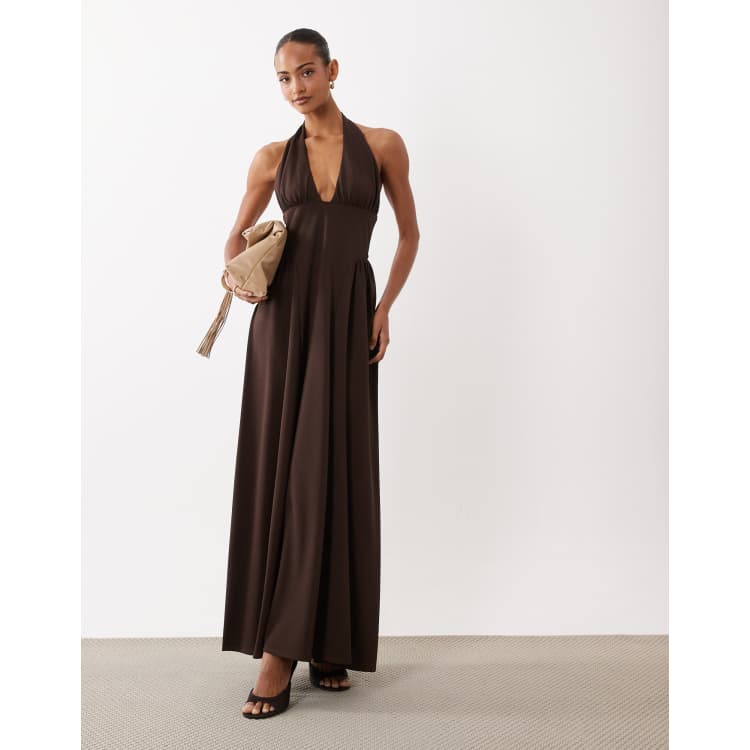 asos brown halter dress DESIGN neck maxi with gathered sides in chocolate Crafted from smooth polyester Warehouse Jenna Ortega's goth vibe color:Fleur
