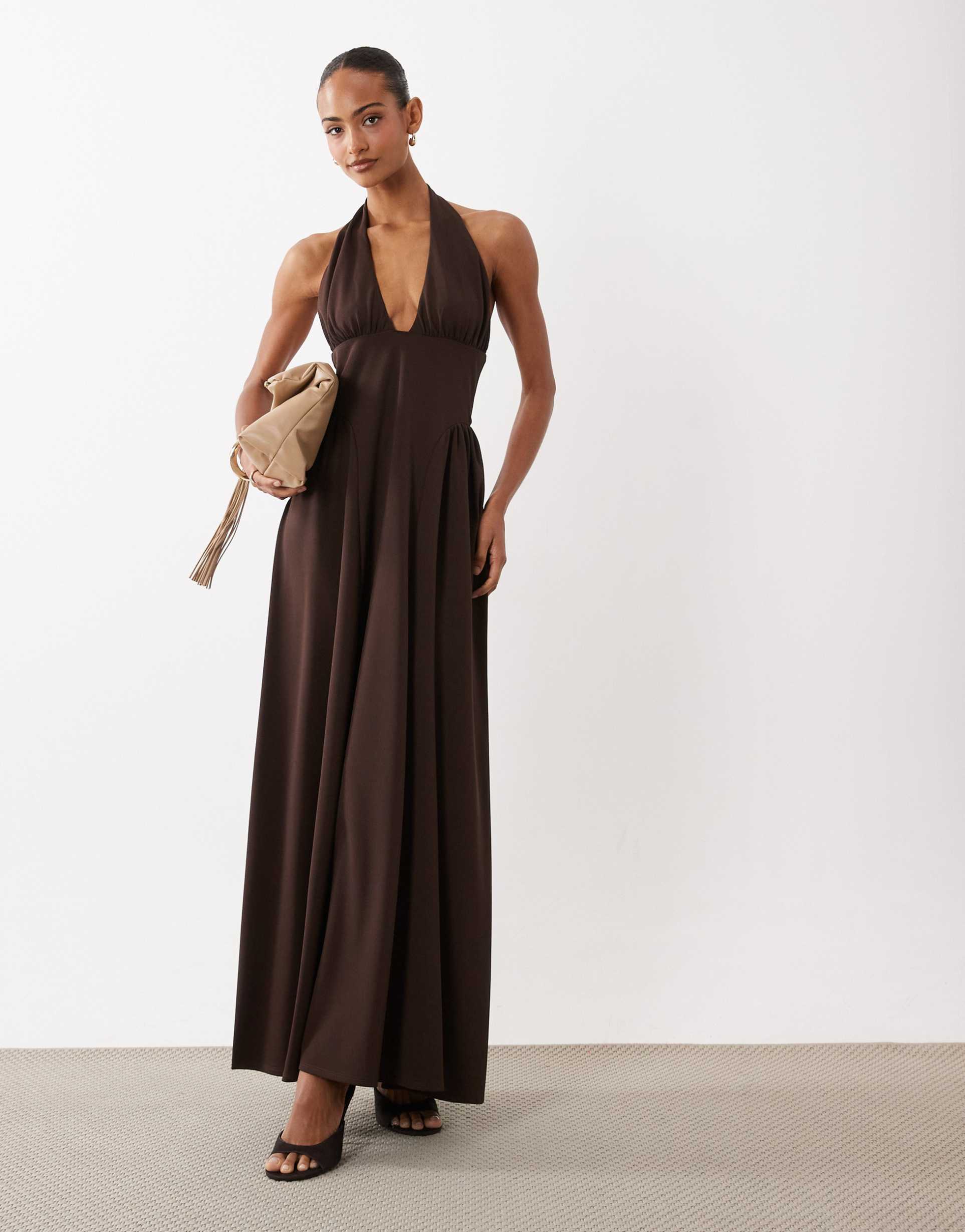 asos design halter neck maxi dress with gathered sides in chocolate