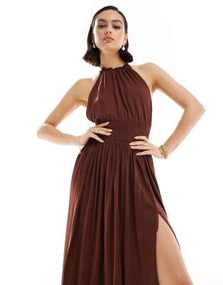 ASOS DESIGN halter neck maxi dress with gathered waist in chocolate ASOS