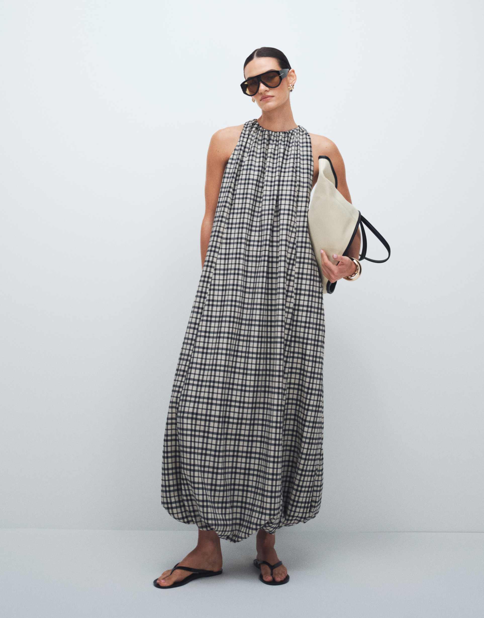 asos design halter neck maxi dress with puff hem in mono plaid