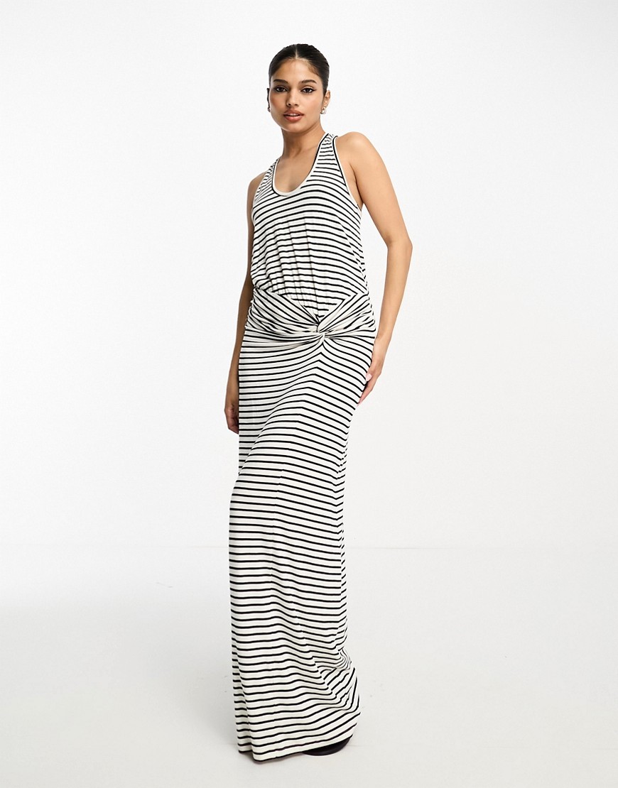 ASOS DESIGN halter neck maxi dress with twist back and ruched skirt in stripe-Multi