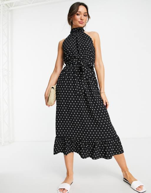 ASOS DESIGN halter neck maxi skater dress with a belt in mono spot ...