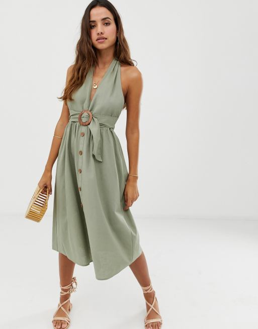 ASOS DESIGN halter neck midi button through linen sundress with buckle ...