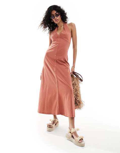 ASOS DESIGN halter neck midi dress with button front in terracotta - view 1