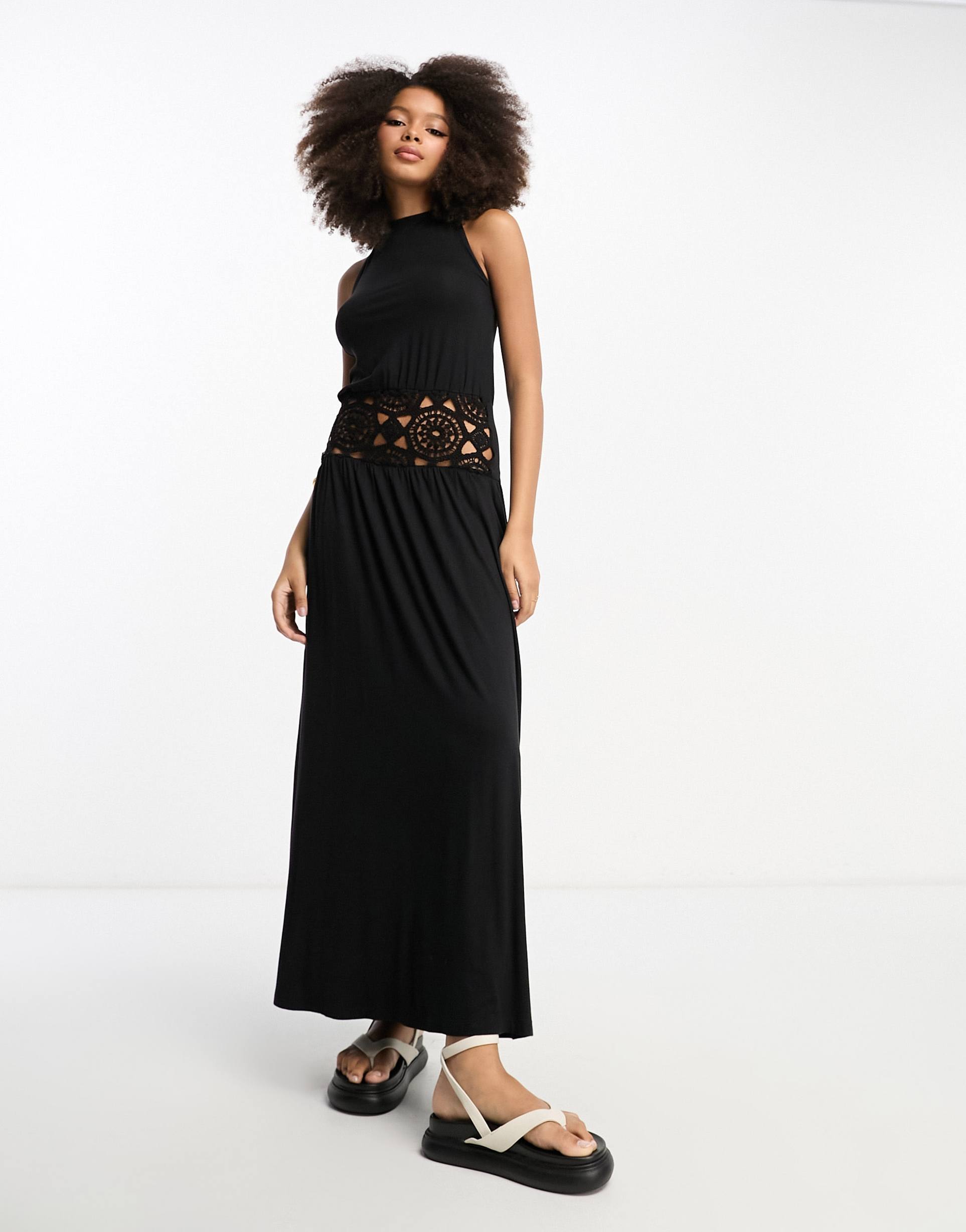 asos design halter neck midi dress with crochet bodice in black