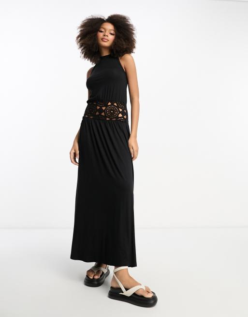 ASOS DESIGN halter neck midi dress with crochet bodice in black