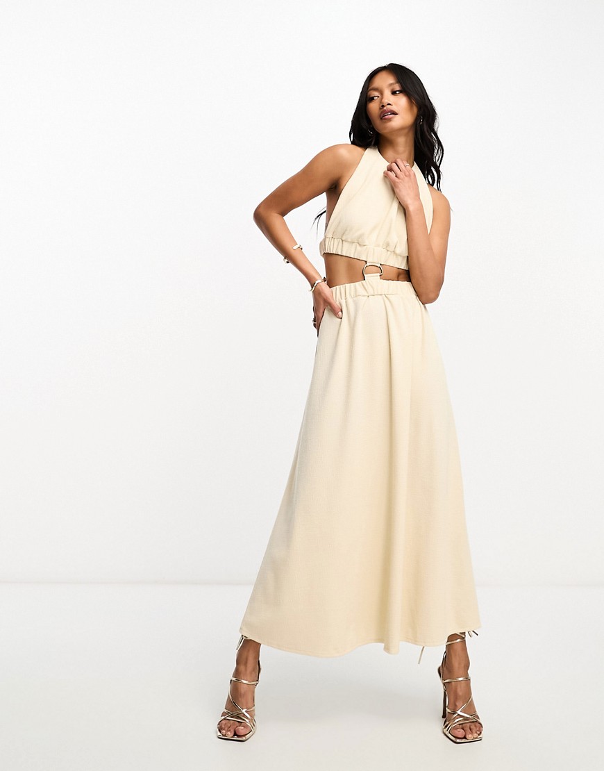 ASOS DESIGN halter neck midi dress with cut out back and d-ring trim in cream-White