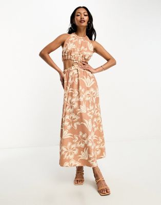 ASOS DESIGN halter neck midi dress with cut out back and d-ring trim in print - ASOS Price Checker