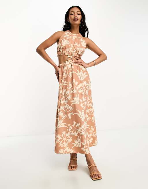 ASOS DESIGN halter neck midi dress with cut out back and d-ring trim in  print