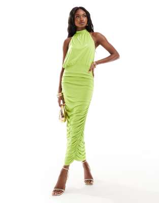 halter neck midi dress with ruched skirt in lime-Green