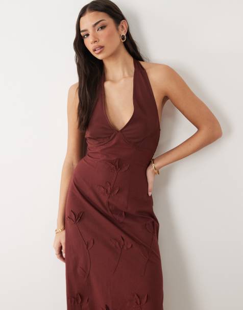 ASOS DESIGN halter neck midi sundress with chiffon sculpted bust detail in chocolate - view 1