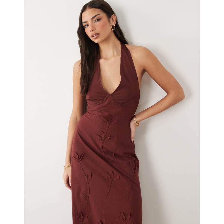 ASOS DESIGN halter neck midi sundress with chiffon sculpted bust detail in  chocolate | ASOS
