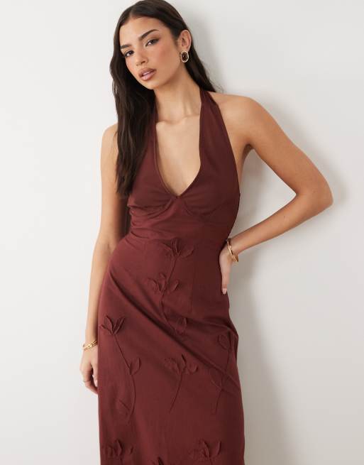 ASOS DESIGN halter neck midi sundress with chiffon sculpted bust detail in  chocolate | ASOS