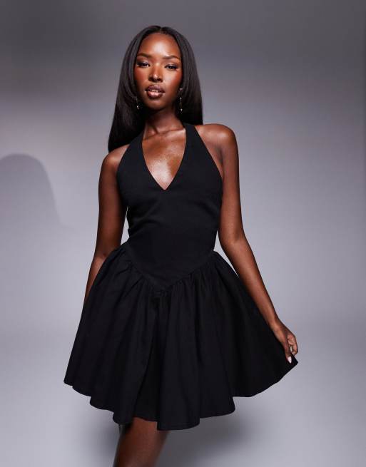 Halter neck black mini fashion dress