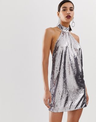 ASOS DESIGN halter neck mini dress in sheet sequin | ASOS