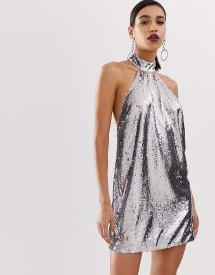 silver sequin halter dress