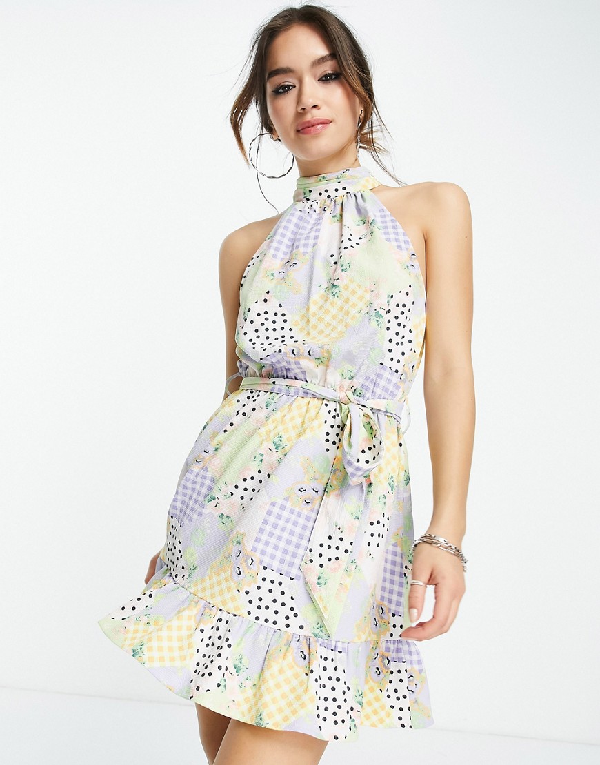 ASOS DESIGN halter neck mini dress with a belt in splice print-Multi
