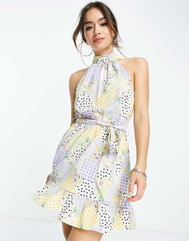 ASOS DESIGN halter neck mini dress with a belt in splice print