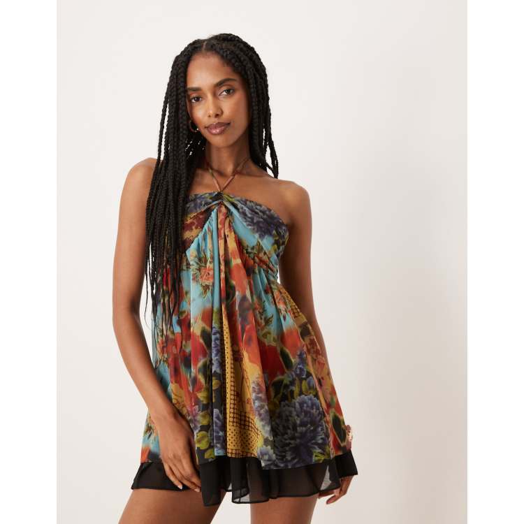 ASOS DESIGN halter neck mini dress with contrast hem in patchwork print |  ASOS