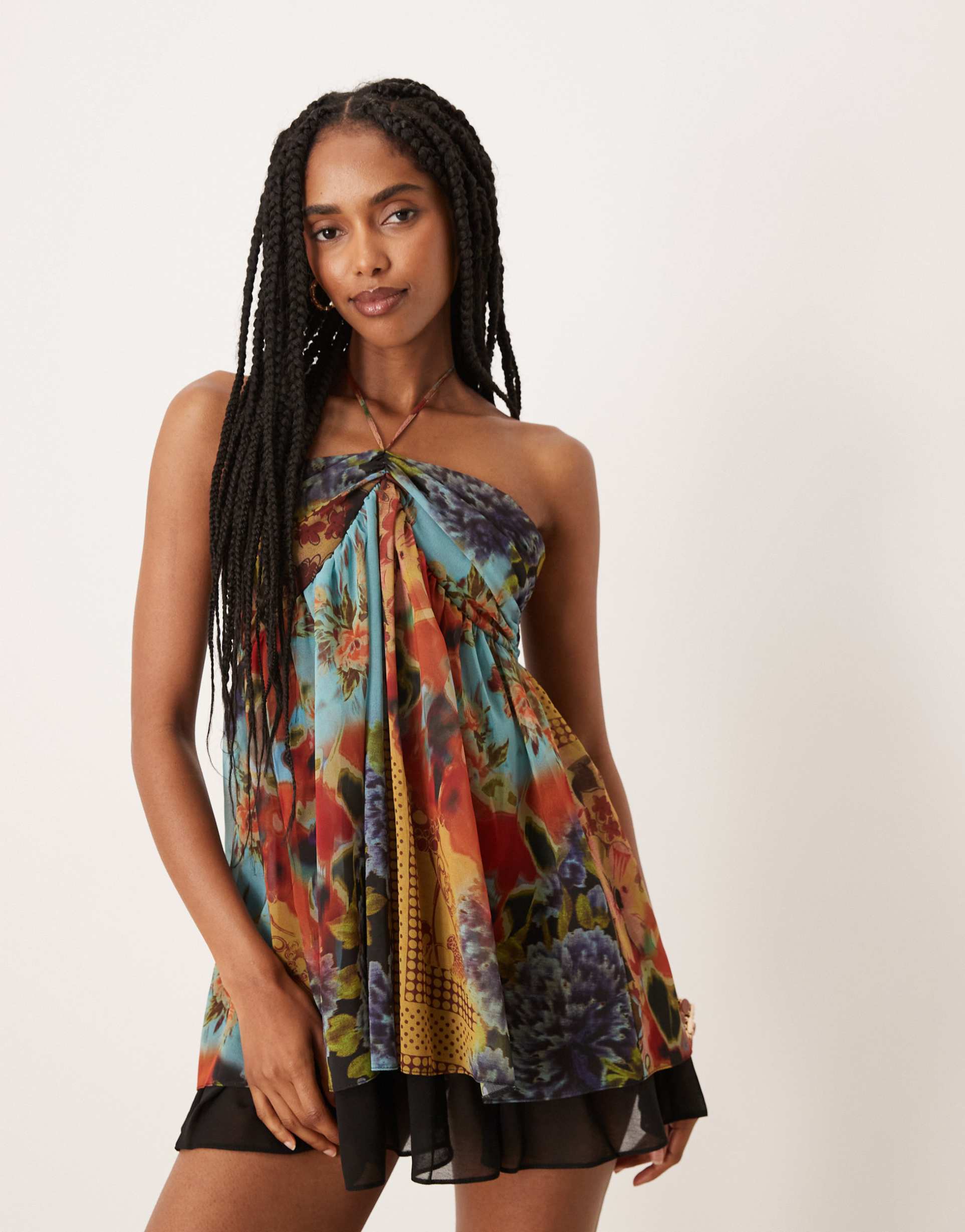 asos design halter neck mini dress with contrast hem in patchwork print