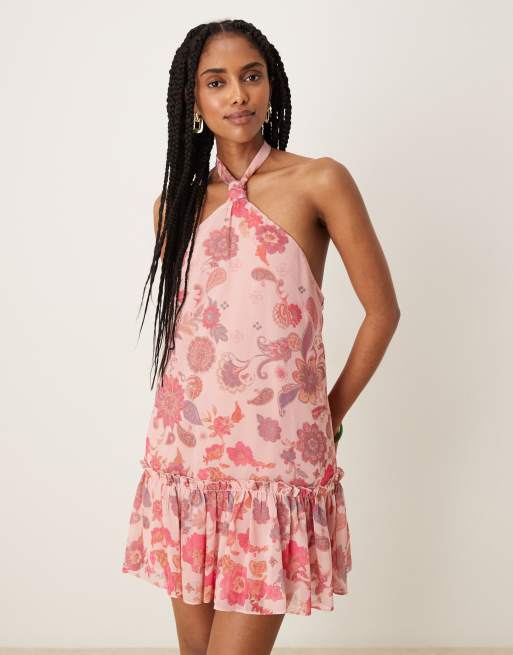 ASOS DESIGN halter neck mini dress with ruffle hem in pink flower print, 4 of 4
