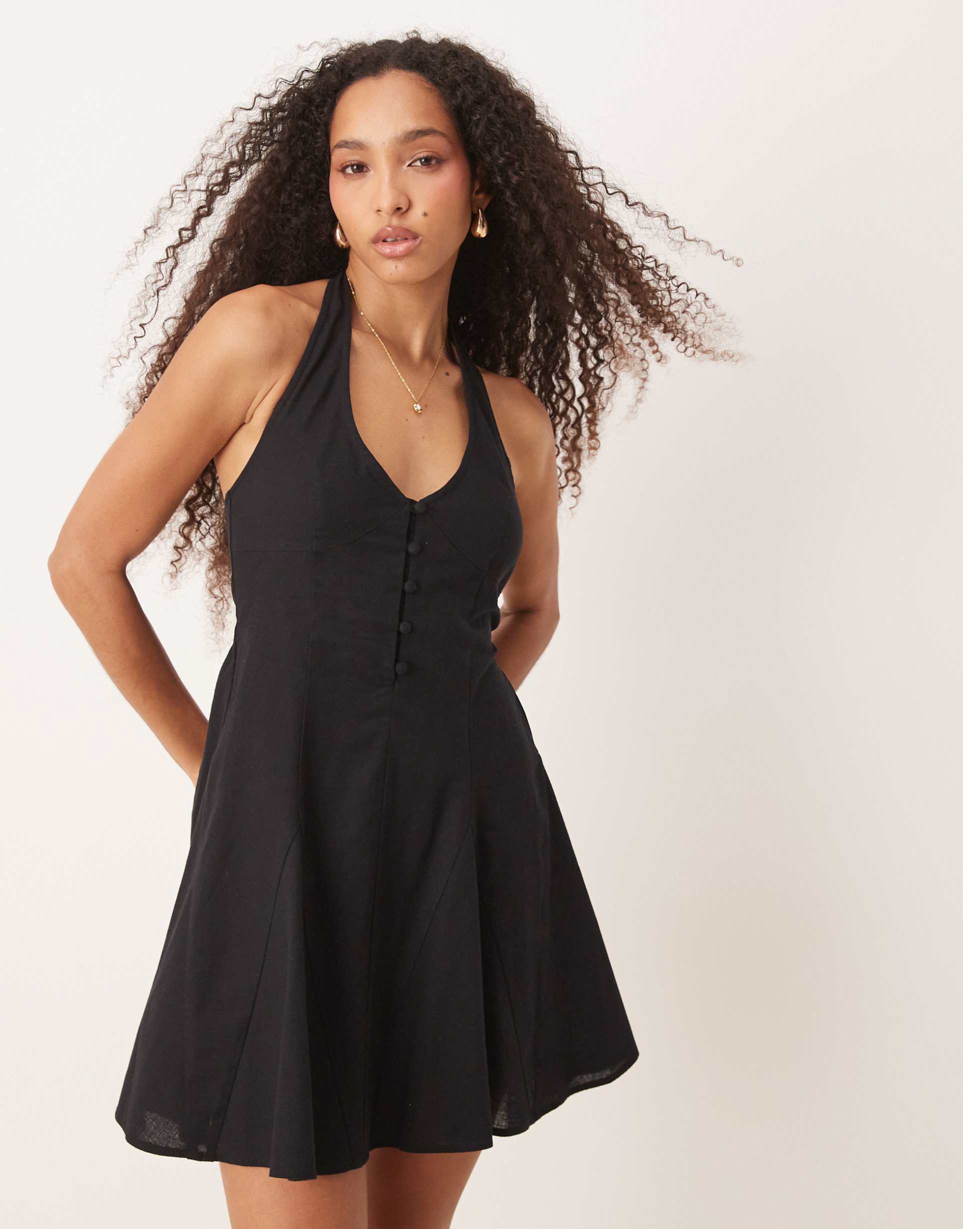 asos design halter neck mini sundress with godet hem in black