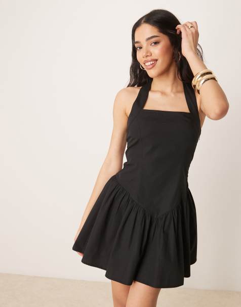 ASOS DESIGN halter neck mini sundress with ruffle hem in black - view 1