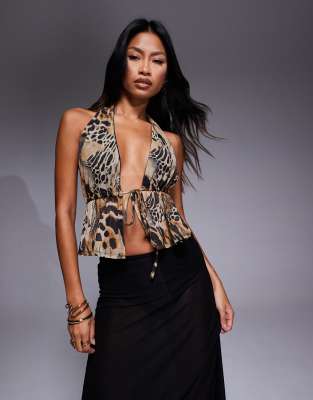 Asos Design Halter Neck Open Front Top In Multi