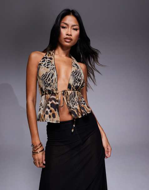 ASOS DESIGN halter neck open front top in animal print - view 1
