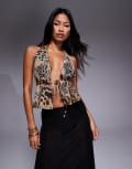 [ASOS DESIGN] ASOS DESIGN halter neck open front top in animal print-Multi M Animal