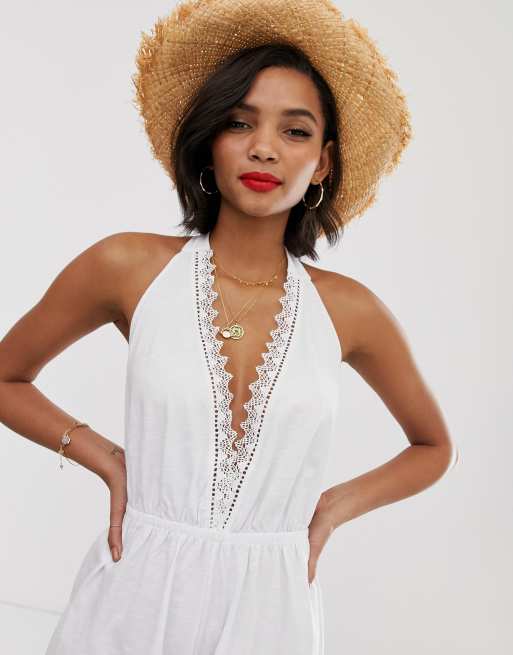 ASOS DESIGN halter neck playsuit with lace trim, 3 of 4