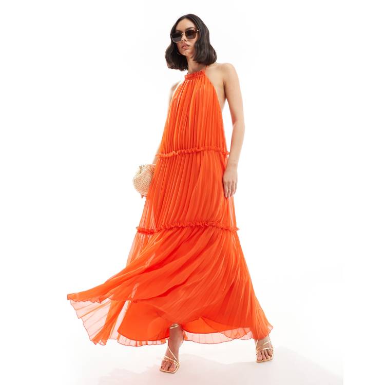 Asos design halter tie neck maxi dress in pleat sales