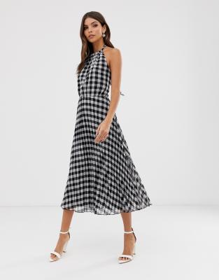 halter neck pleated midi dress