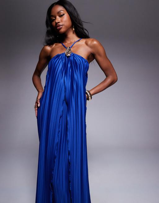 ASOS DESIGN halter neck plisse maxi dress with gold trim detail in blue