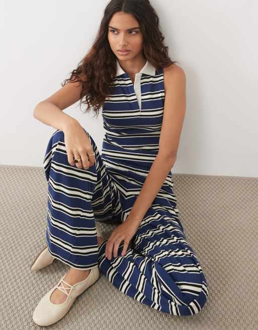 ASOS DESIGN halter neck polo top co-ord in navy and cream stripe, 3 of 3