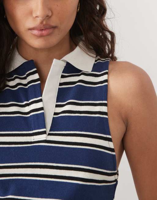 ASOS DESIGN halter neck polo top in navy and cream stripe (part of a set), 3 of 4