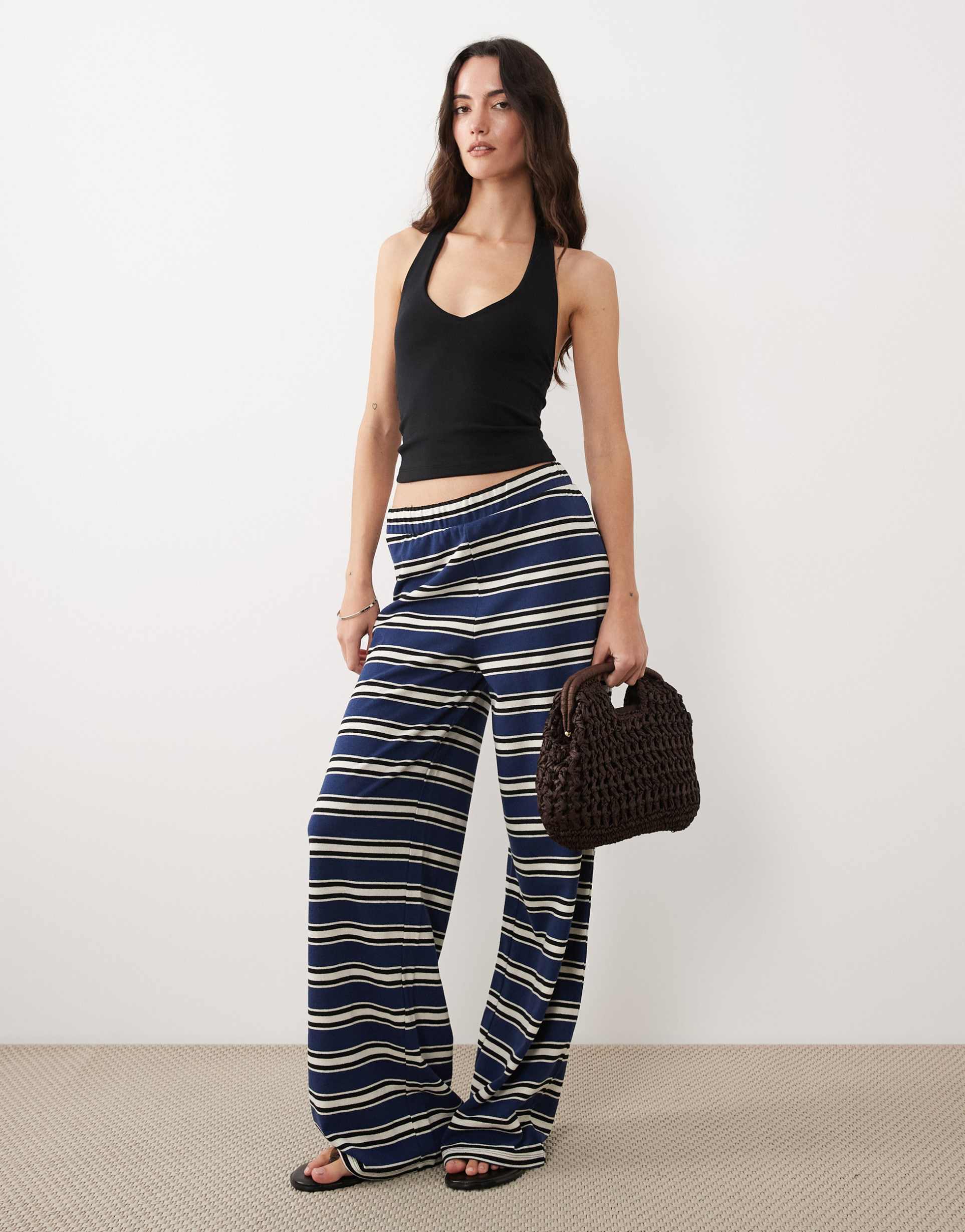 asos design halter neck polo top in navy and cream stripes - part of a set