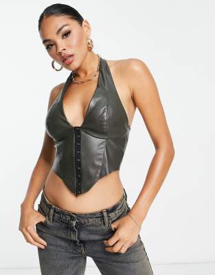 Halterneck Plunge Neck Hook And Eye Corset Top In Silver Metallic